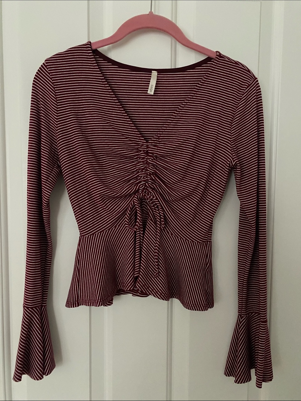 Sage Burgundy and White Striped Ruched Peplum Long-Sleeve Top